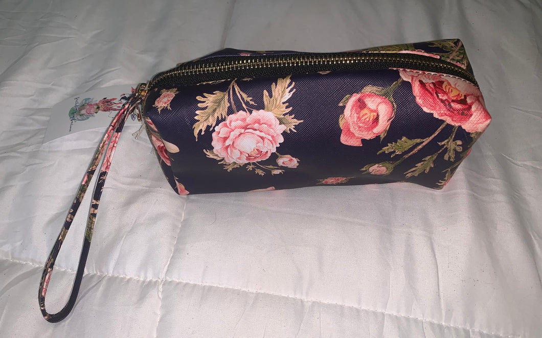 Floral navy cosmetic/makeup bag